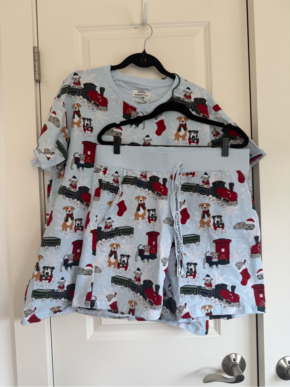 Light Blue Women's Pajama Set with Holiday Dog & Train Print